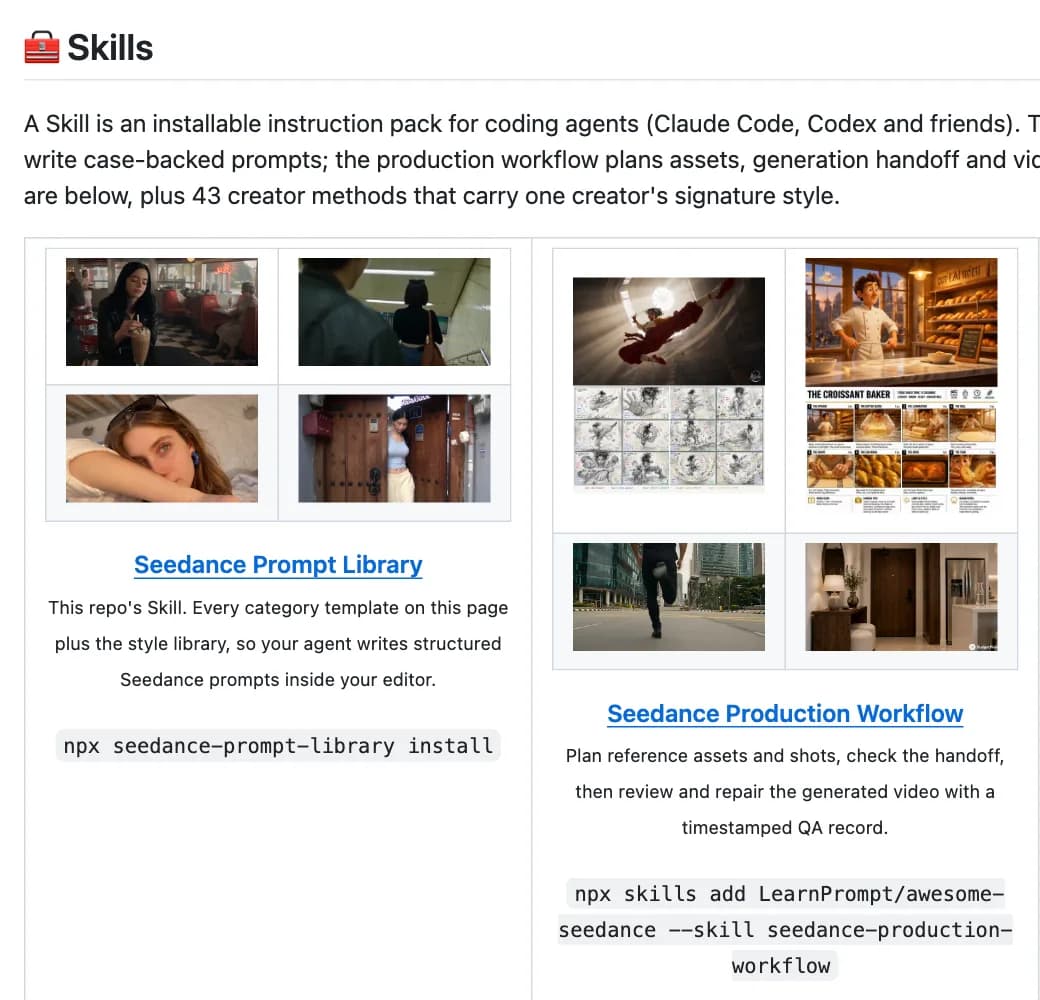 Seção de skills e comandos de instalação da biblioteca