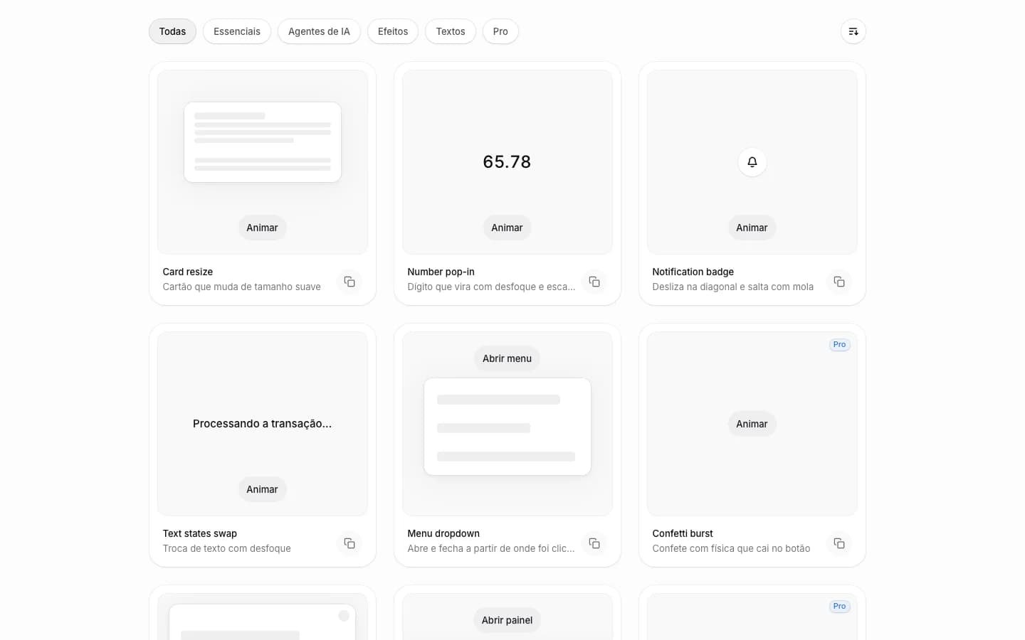 Grade de exemplos de transições da biblioteca Transitions.dev