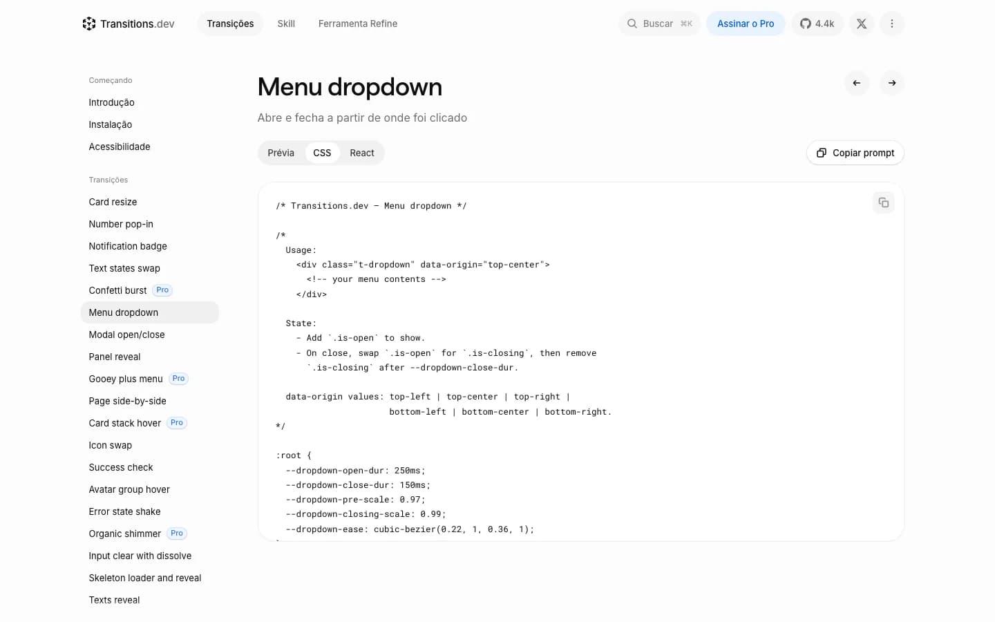 Exemplo de menu com prévia e código no Transitions.dev