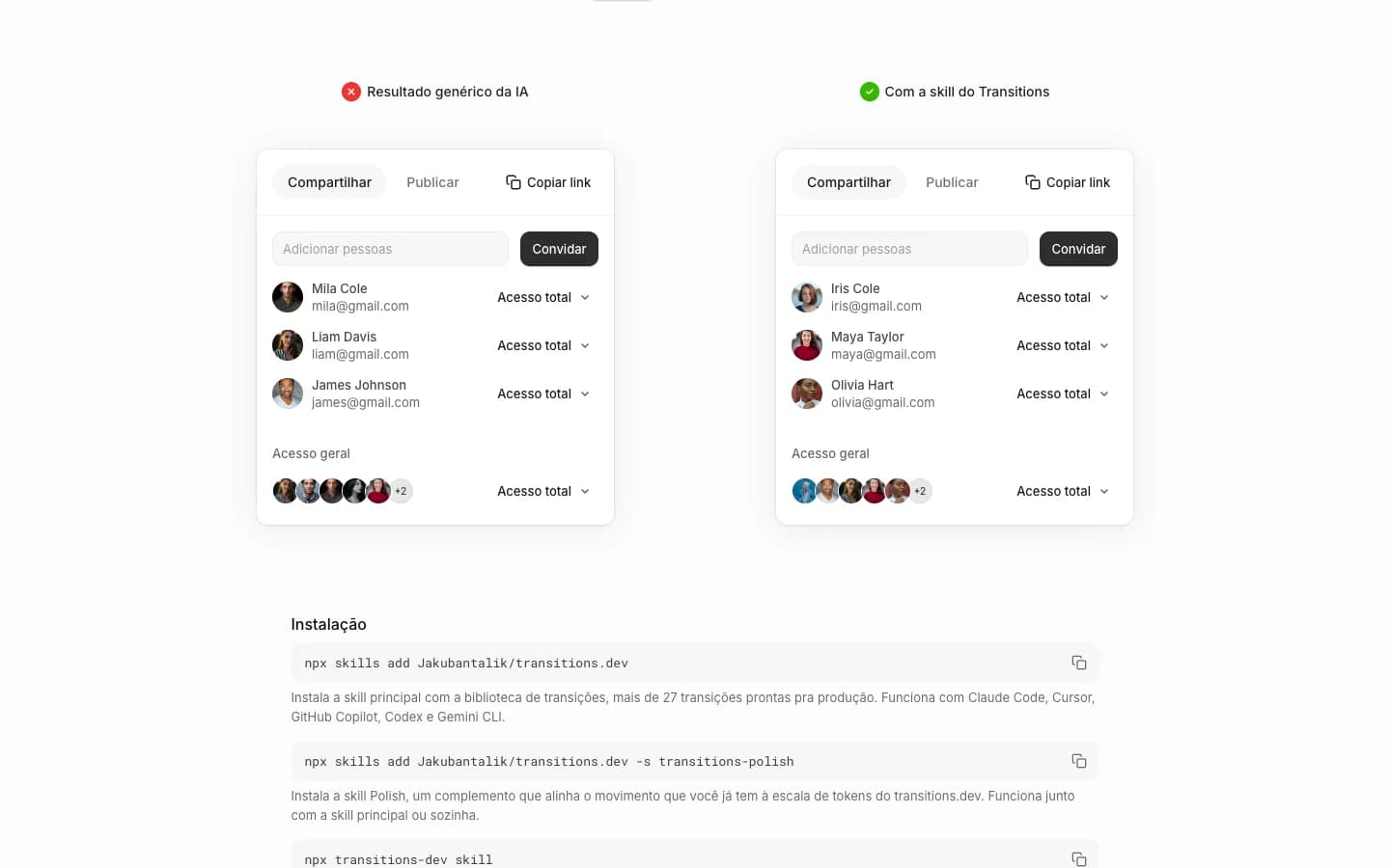 Demonstração comparativa da skill do Transitions.dev
