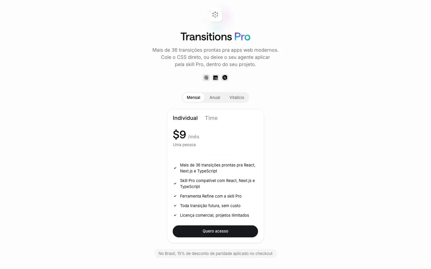 Página de planos Pro do Transitions.dev em setembro de 2026